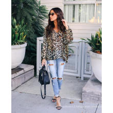 Leopard grain design and color of autumn new fund v-neck bind long-sleeved chiffon unlined upper garment